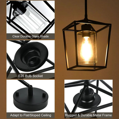 Dope Industrial Black Pendant Light 1 Light For Kitchen Island With Iron Cage Lantern And Clear Glass Shade details