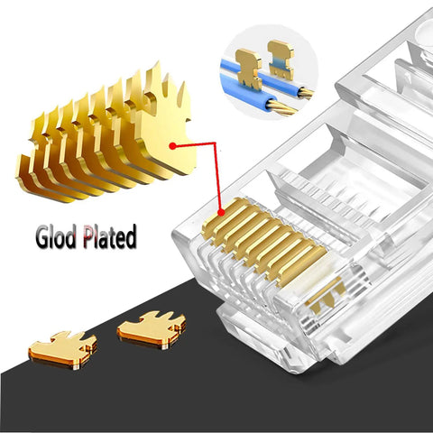 RJ45 Cat6 Cat5 Pass Through Ethernet Connectors Gold Plated 8P8C Plug For DIY Network Cables 24AWG Pro Grade Compatible detailed view.