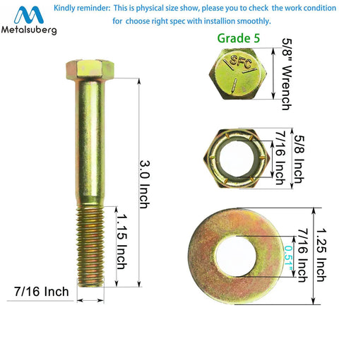 Built Tough 7/16 X 3 Inch Grade 5 Hex Head Bolts With Reliable Nylon Lock Nuts And Massive Flat Washers Zinc Coated Alloy Steel Hardware Kit dimensions with measurements.