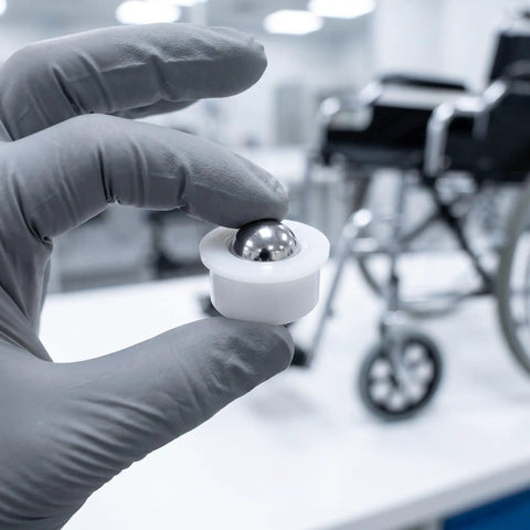 Close-up of a hand holding a 12pcs Steel Ball Transfer Caster with Nylon Housing, 0.7x0.5in, for wheelchair use.