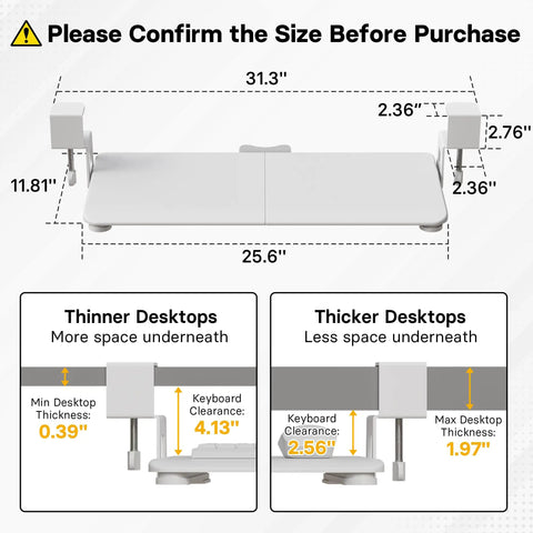 Under Desk Keyboard Tray With Smooth Pull Out Track, Ergonomic Mouse Platform For Office Space Hack, size measurements and desktop fitting guide.