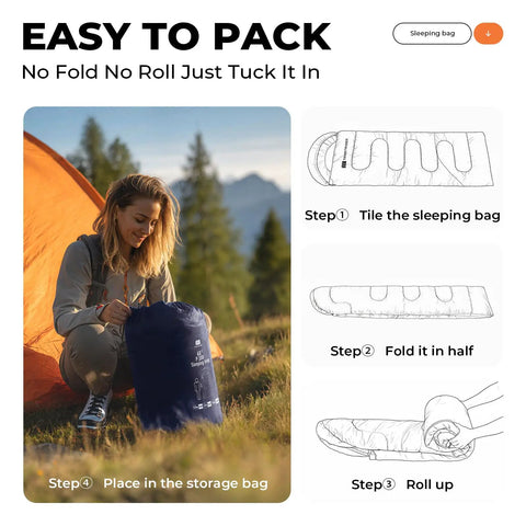 Woman placing Ultra Lightweight Backpacking Sleeping Bag For Adults And Kids Packable Warm Weather Comfort 55 To 60 Fahrenheit 3-4 Seasons Includes Compression Sack Durable Ripstop Fabric Camping Hiking Travel Outdoor Gear into compression sack