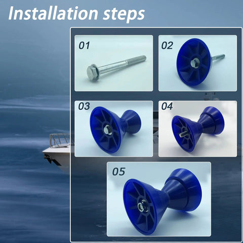 Tough As Nails 3 Inch Blue Polyurethane Boat Trailer Bow Bell Roller Kit installation steps with half inch bolt and guide bells.