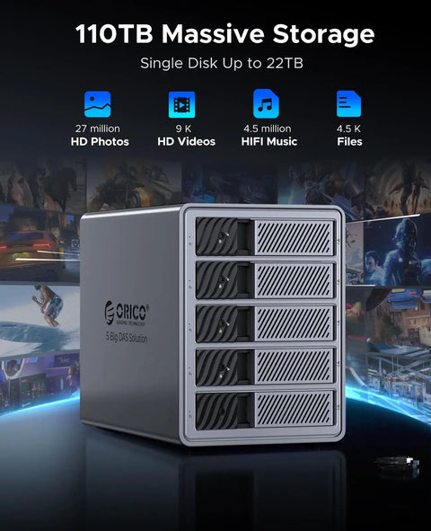 Heavy Duty Five Bay Hard Drive Enclosure USB 3.0 SATA External HDD Cage For 3.5 And 2.5 Inch SSD Supports Up To 110TB. Compact design with five drive bays.