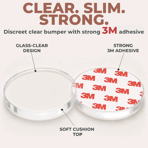 Clear Silicone Door Knob Wall Protectors 2 Inch Flat Profile Self Adhesive Bumpers with glass-clear design and strong 3M adhesive.