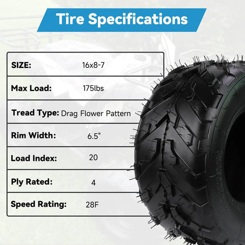 16x8-7 ATV Tire Tubeless All-Terrain Replacement For Tao Tao Coolster 110cc 125cc with specifications chart