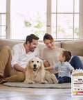Lead test swabs kit packaging (white pouch, 60 swabs) in foreground; family and dog on living-room rug in background.