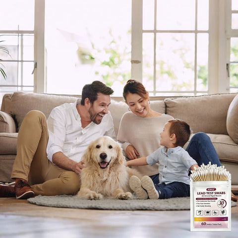 Lead test swabs kit packaging (white pouch, 60 swabs) in foreground; family and dog on living-room rug in background.