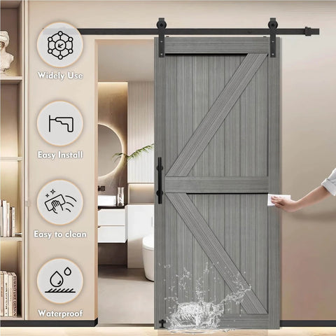 Installed 32x84 Inch MDF Light Gray Barn Door With 6.6 Ft Sliding Hardware Kit, Waterproof PVC Double-Sided Slab, interior view