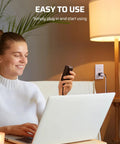 Woman using Plug In Lamp Dimmer Switch With Full Range Dimming And Smooth Slider in a cozy living room with a lamp