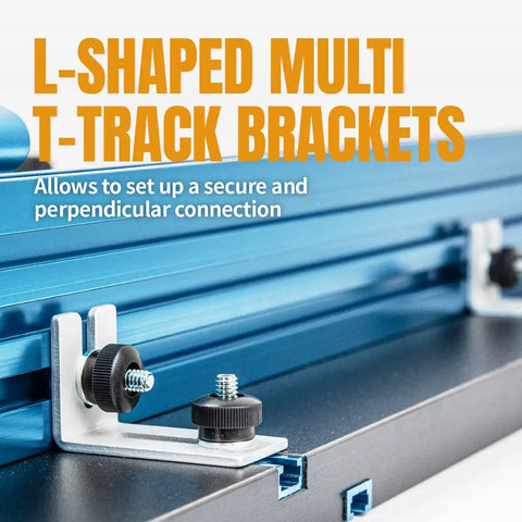 Drill Press Table Accessories Kit With T Track Fence And Flip Stops featuring L-shaped T-track brackets for precise alignment.
