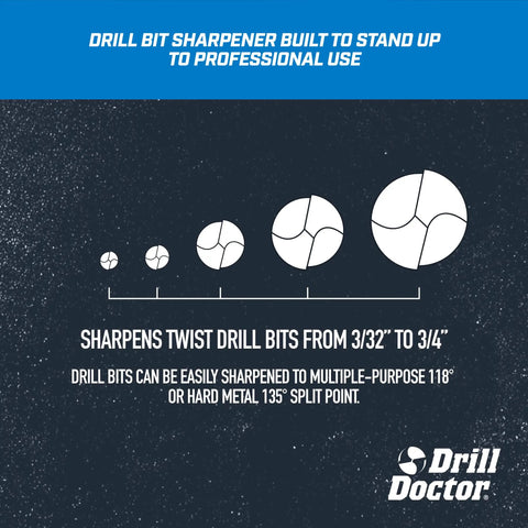 High Speed Portable Drill Bit Sharpener For Standard Twist Bits 3/32 To 3/4 Inch showcasing various drill bit sizes and sharpening angles.
