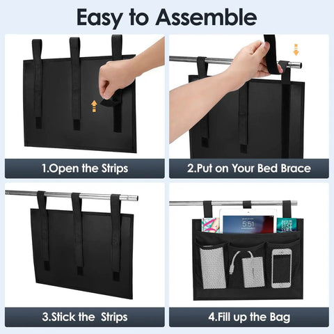 Assembly of Bedside Caddy Organizer With Four Pockets Hanging Nightstand Storage For Remotes Phone Tablet Magazines And More Neat Stash For Bunk Beds Hospital Beds Dorm Rooms And Camp Gear Black