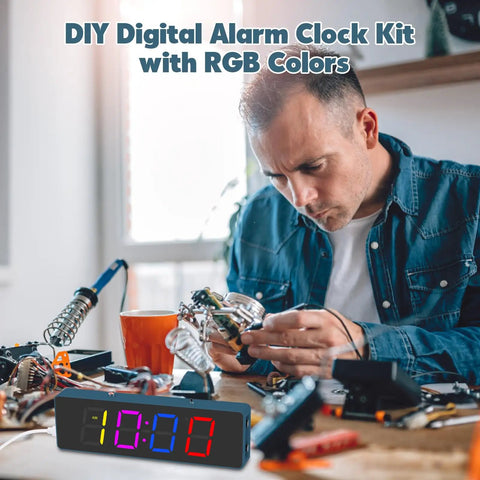 Man assembling DIY Clock Soldering Kit With 4 Digit Digital Alarm Clock, RGB Lighting Modes, in home setting
