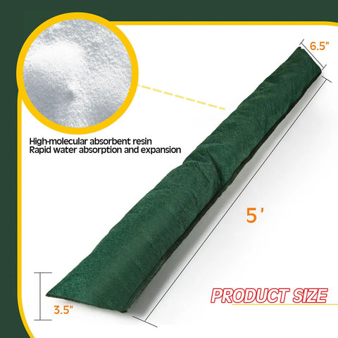 Diagram showing 5 Pack Water Barrier Flood Barriers, 5 Ft Long by 6.5 In Wide, with resin detail and product size dimensions