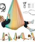 Heavy Duty Straight Up Smooth Sensory Swing For Kids And Adults Indoor Outdoor Cuddle Hammock Chair With Deep Pressure Support Autism And ADHD Calming Cocoon Vibe, child enjoying vibrant cuddle swing