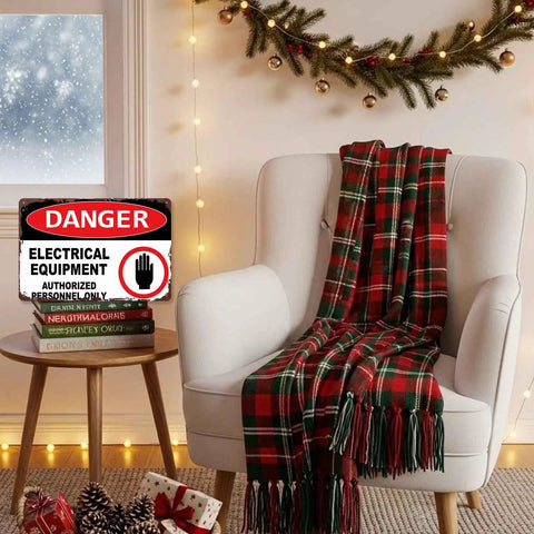 Danger Electrical Equipment Authorized Personnel Only Metal Sign 8x12 Inch on chair with holiday decor