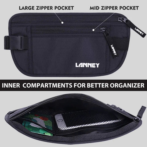 Travel Money Belt With RFID Blocking Slim Hidden Pouch Under Your Clothes For Passport Cash Cards And Documents Black Includes Bonus Two RFID Sleeves For Women And Men Travel Friendly Everyday Carry, showing inner compartments and zippers.