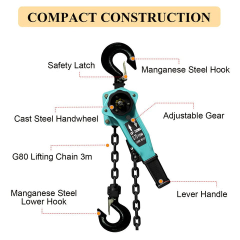Lever Chain Hoist 1650 Lbs Capacity 5 Ft Come Along With Two Heavy Duty Hooks and G80 Chain in compact construction