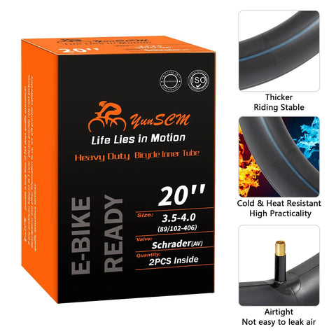 Packaging of Heavy Duty 20x4 Fat Tire Inner Tubes For E Bikes And Mountain Bikes With Schrader Valve Fits 20x3.5 To 4.0 Inch Wheels Extra Thick Durable Tubes Built For Fat Tire Rides 2 Pack, featuring specifications and design details