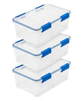 16 Qt Weatherproof Storage Bins With Lids 3 Pack BPA-Free Plastic Gasket Boxes stacked vertically, clear and blue design