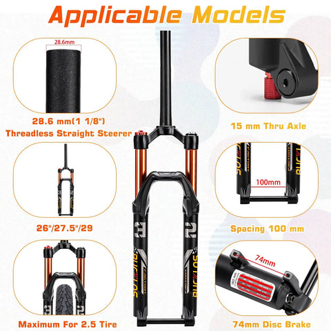 Diagram of 120mm Travel MTB Fork For 26 27.5 29 Inch Mountain Bikes, showing measurements and features like thru axle and disc brake.