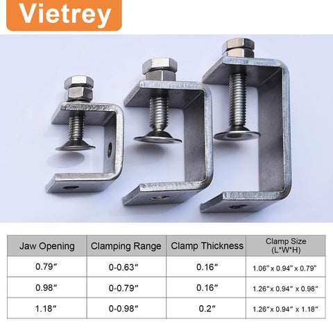 Mini Tiger Clamp Set For Mounting, Boss Heavy Duty Stainless Steel U Clamps And Small Desk G Clamps with size chart