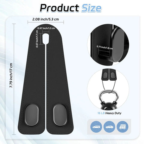 Top Shelf Universal Car Seat Headrest Hooks 2 Pack Suede Leather Bag Holders For Purses Coffee Mugs And Grocery Totes product size dimensions 7.79 inch by 2.08 inch