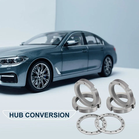 Locking Hub Spindle Nut Conversion Kit 32720 with nuts and washers, silver finish, next to a car model
