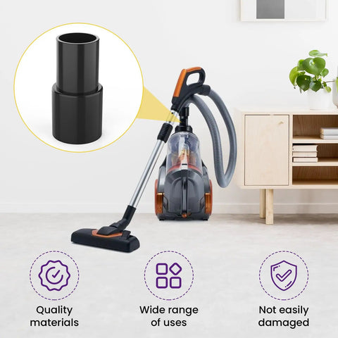 Universal Vacuum Hose Adapter Set 35mm To 32mm Reducer 1-3/8 Inch To 1-1/4 Inch Plastic Connector 2 Pack For Vacuum Cleaners And Dust Collection Easy Fit Pro Grade DIY Friendly Durable PP shown next to vacuum cleaner.