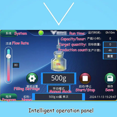 No Fuss Automatic Liquid Bottle Filling Machine With Drip Proof Stainless Steel Nozzle For Viscous Paste Honey And Semi Fluid Mess Free Easy Setup Auto Metering Dispenser control panel with settings and flow rate display.