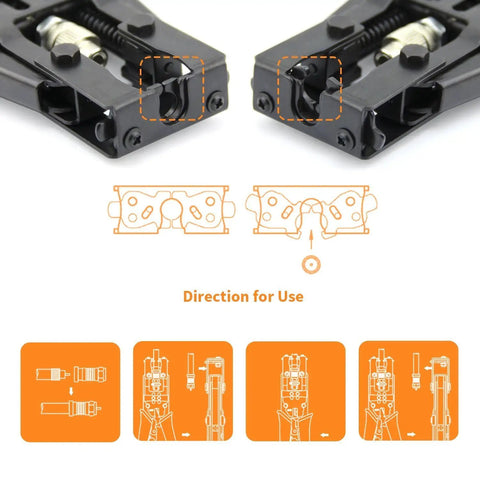 Coax Cable Crimping Tool Kit With 3 Adapters F BNC RCA Universal RG58 RG59 RG6 Cutter with usage instructions displayed
