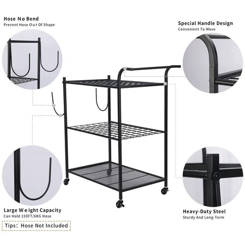 Heavy-duty steel tool organizer with wheels, showing S-hooks and grid shelves; black finish for garage and outdoor use; hose not included.