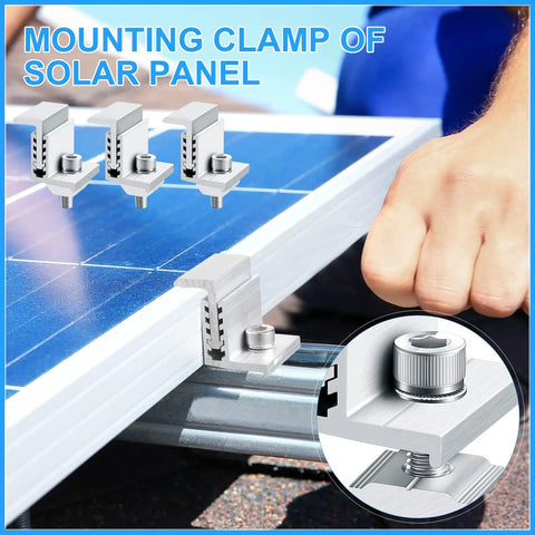 10 Piece Solar Panel End Clamps Set With Z Brackets for PV Mounting System shown securing a solar panel to aluminum rail.