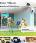 Solar Wireless Outdoor Security Camera 3MP with motion detection on child and dog in garden, alarm notification visible.
