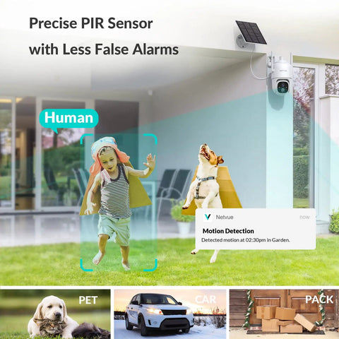 Solar Wireless Outdoor Security Camera 3MP with motion detection on child and dog in garden, alarm notification visible.