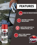 Black Waterfall Foam Sealant for Landscape and Exterior DIY Projects being applied on rocks with feature highlights.