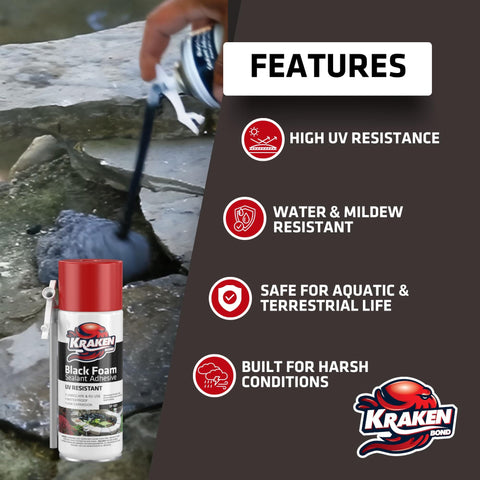 Black Waterfall Foam Sealant for Landscape and Exterior DIY Projects being applied on rocks with feature highlights.