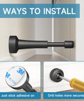 Heavy Duty Black Door Stoppers Sitting Firm On Floor With Thick Silicone Tip showing two installation methods with adhesive and screws.