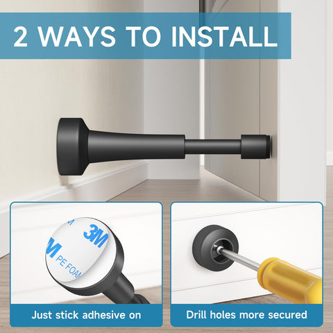 Heavy Duty Black Door Stoppers Sitting Firm On Floor With Thick Silicone Tip showing two installation methods with adhesive and screws.