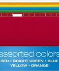 Assorted color hanging file folders in red, green, blue, yellow, and orange, displayed in multiple layers.