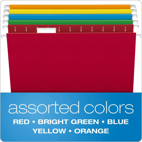 Assorted color hanging file folders in red, green, blue, yellow, and orange, displayed in multiple layers.