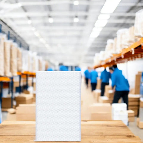 12.5 By 19 Inch White Poly Bubble Mailers Self Seal Padded Packing Envelopes in warehouse setting, with shelves in background.