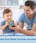 Parent giving child a sippy cup in a kitchen setting, promoting Water Filter Replacement For PUR Pitchers And Dispensers Six Pack.