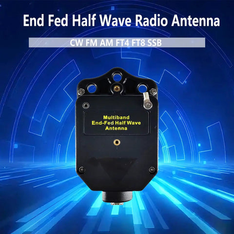Black End Fed Half Wave HF Antenna front view with display panel, 1-30 MHz coverage for portable and base station use.