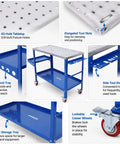 Boss Level Portable Welding Table 36 By 18 Inch Steel Workbench With Hella Tough 1200 Lb Load Rating Brake Lock Casters And Killer Tool Tray For Garage Projects, features tool slots and caster wheels.