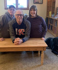 Unfinished Rubber Wood Farmhouse Table Legs Set Of 4 16 Inch Dining Table Supports in a living room with a family and dog.