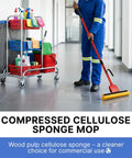 Commercial Sponge Mop With Stainless Steel Extendable Handle And Two Compressed Cellulose Heads For Heavy Duty Home And Business Cleaning in use.