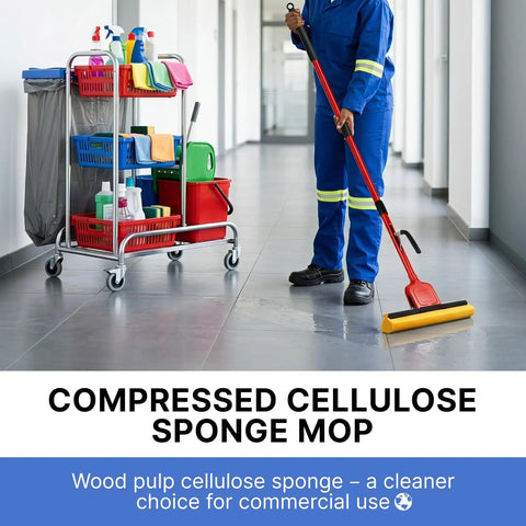 Commercial Sponge Mop With Stainless Steel Extendable Handle And Two Compressed Cellulose Heads For Heavy Duty Home And Business Cleaning in use.