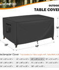 Black waterproof outdoor coffee table cover, UV resistant and heavy duty, fits 48x28x16 inch tables, ideal for backyard use.